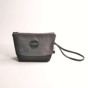 Black pouch with grey and white stripes