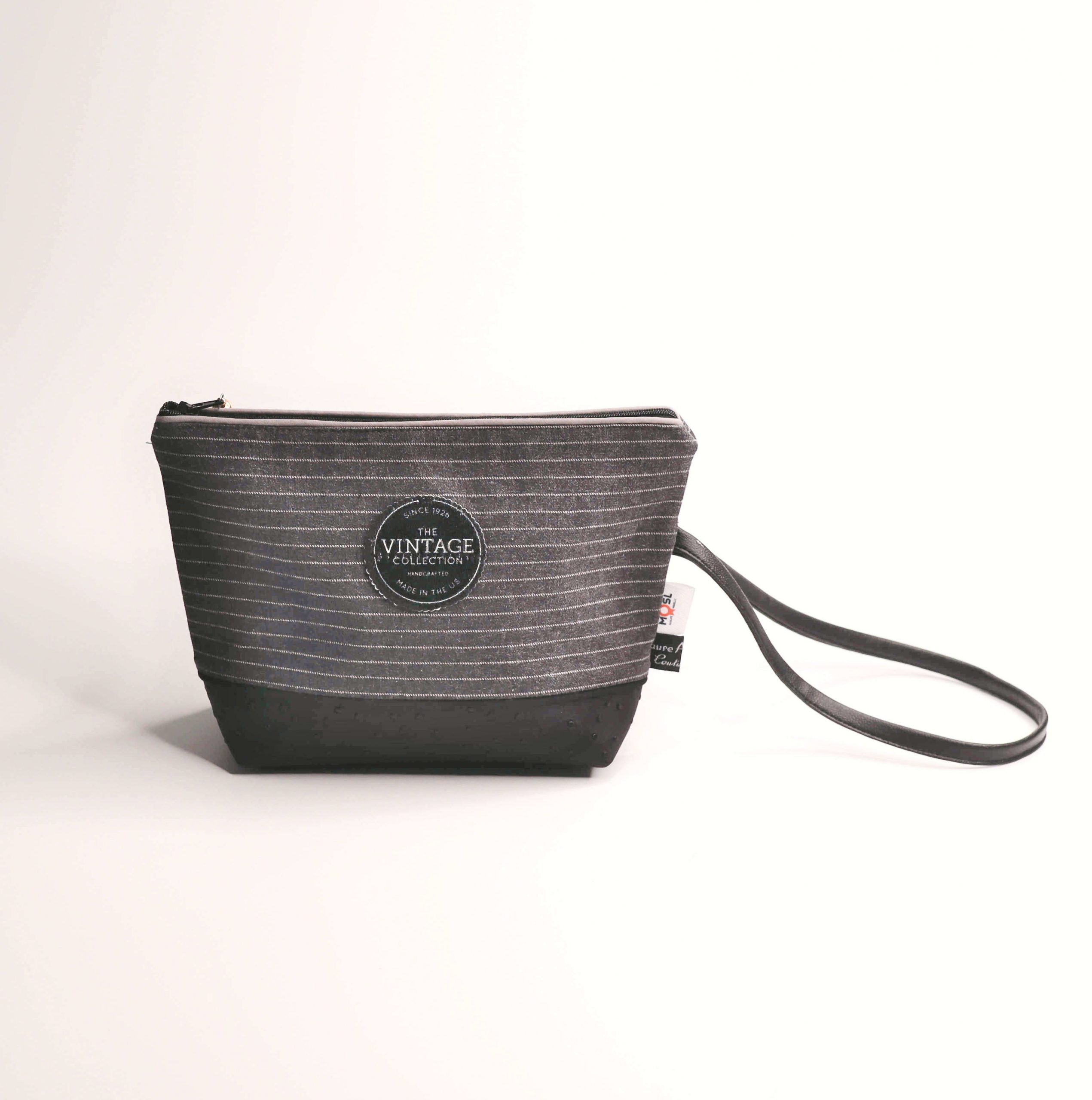 Black pouch with grey and white stripes