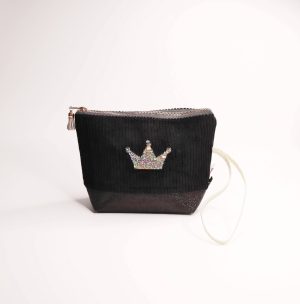 Black sequin velvet pouch with gold sequin crown