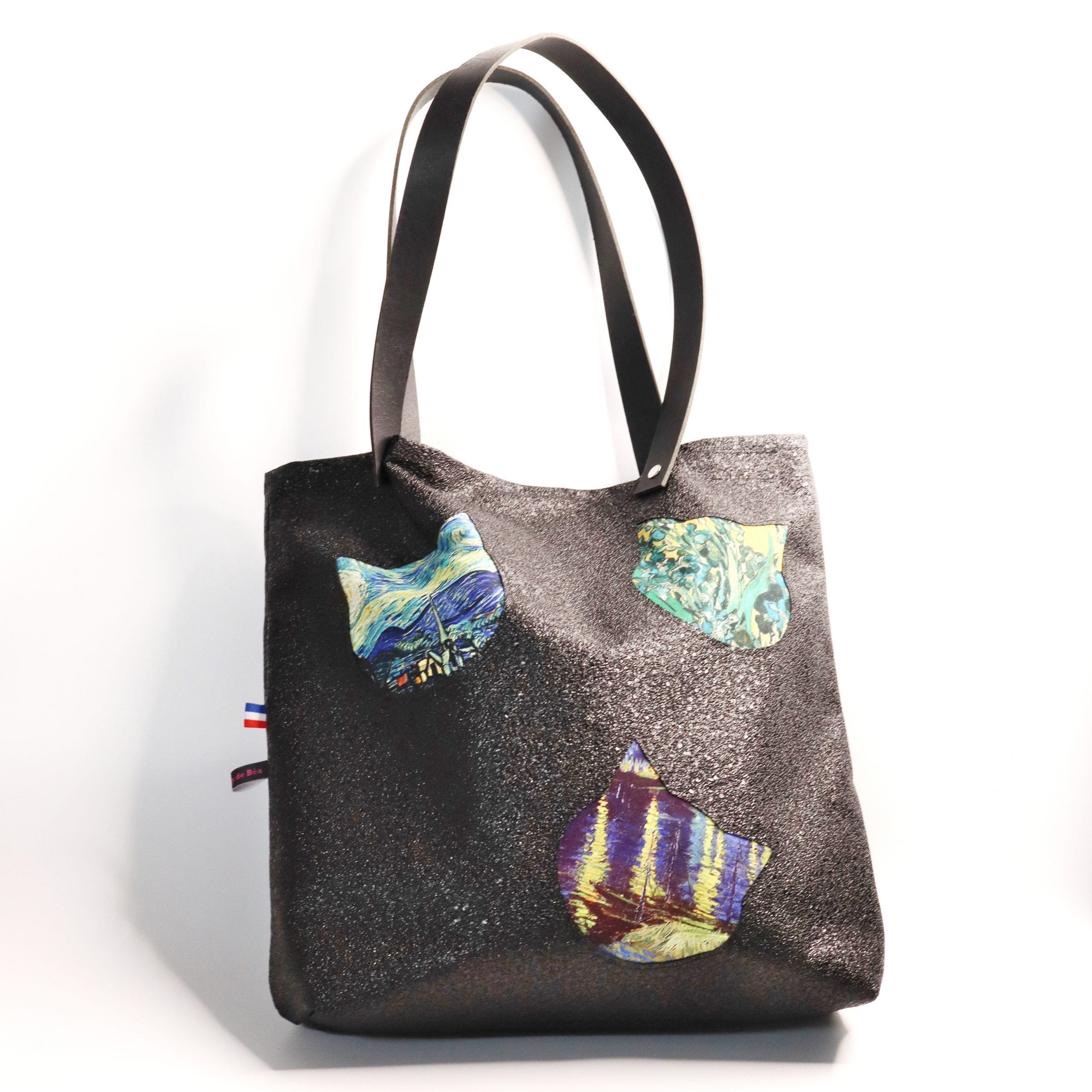 Schwarze Pailletten-Tasche mit Van Gogh-gemusterten Katzenköpfen